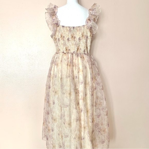 Arula Cream and Purple Smocked Tulle Mesh Floral Dress. - Picture 5 of 9